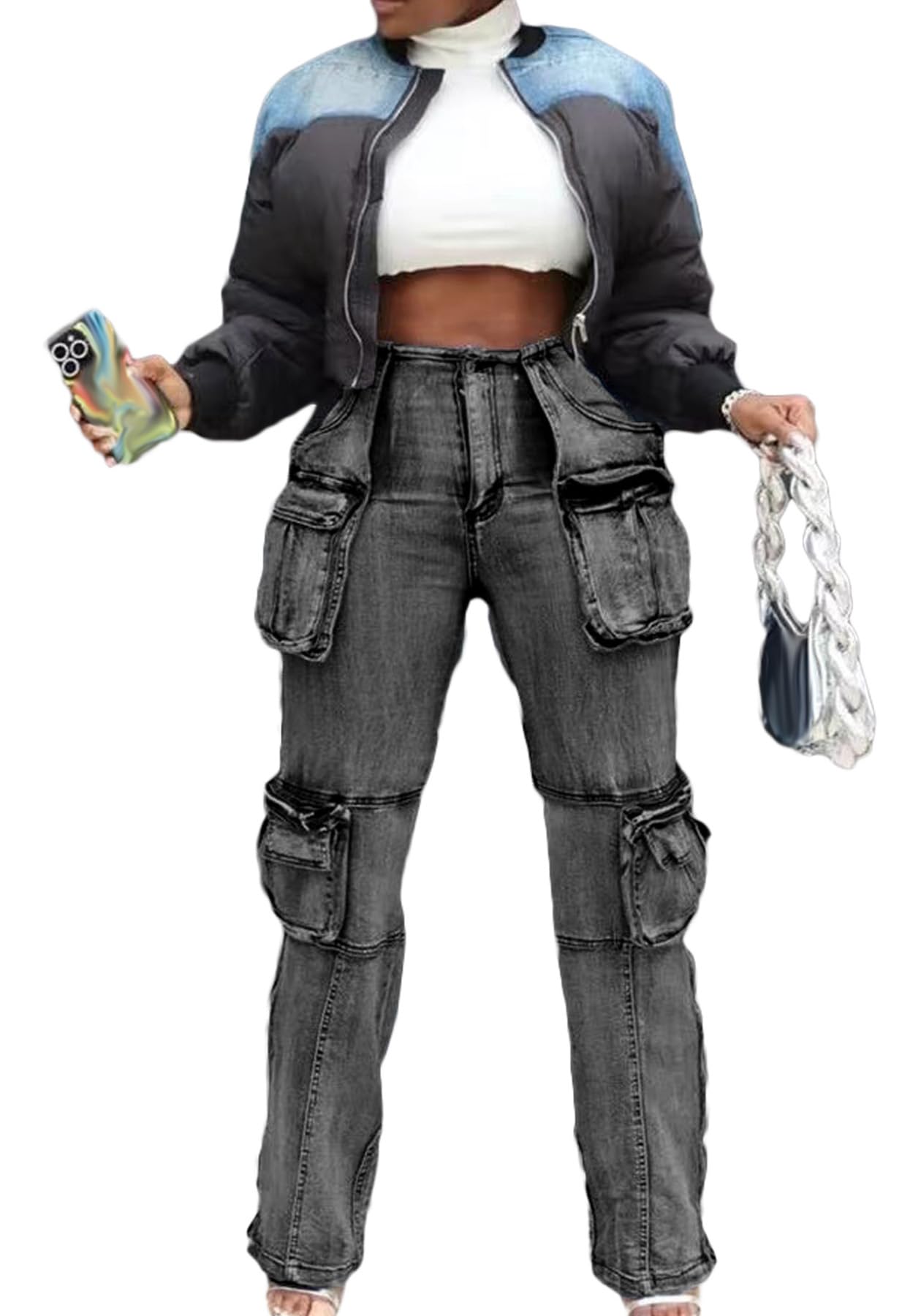 Women's Novelty Fashion Zip Side Slit High Waist Denim Jeans Pants with Multi Pockets