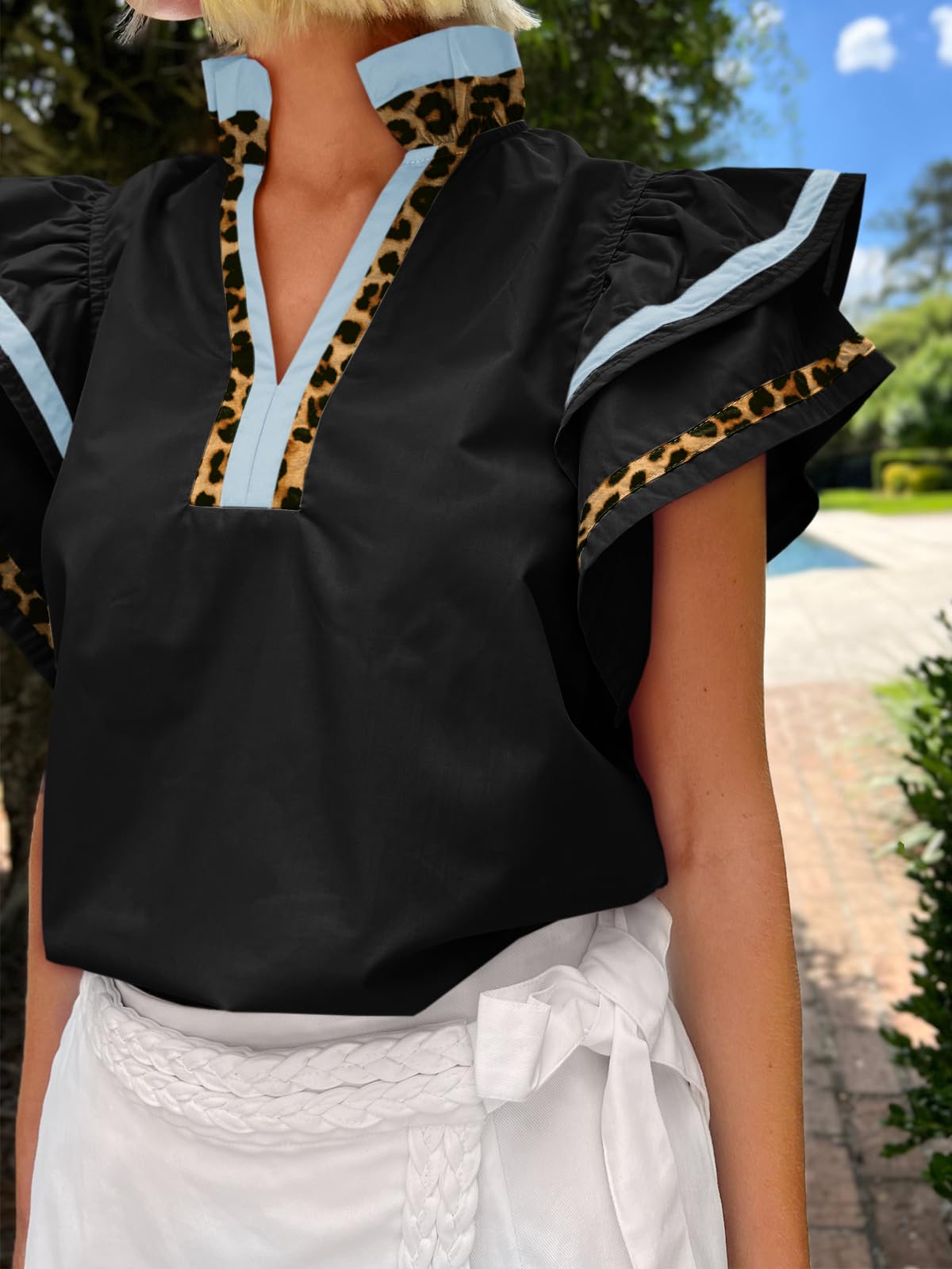 Cicy Bell Womens Ruffle Cap Sleeve Tops Summer V Neck Dressy Casual Blouses | Color Block, Boutique Tops, Pleated Shirt, Loose Fit, Wear to Work, 2026 Fall Outfits
