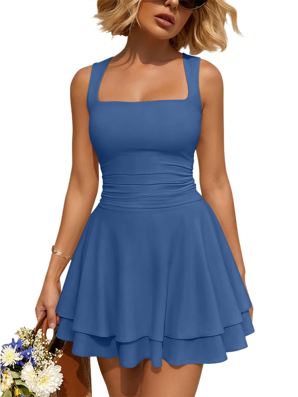 Trendy Queen Women Mini Summer Party Homecoming Beach Vacation Sun Dresses | Birthday Square Neck Flowy Short Sundress, 2026 Cruise Outfits, Athletic Cute Clothes, Date Night Club Resort Wear