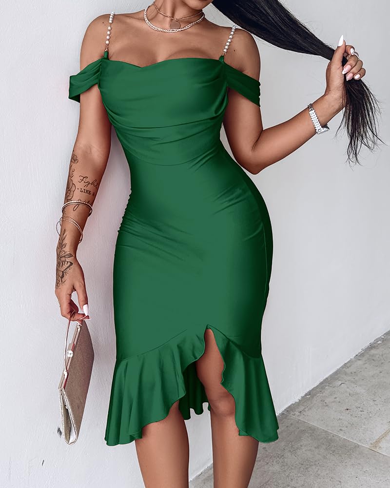 CHICME Womens Cocktail Dresses Pearls Strap Bodycon Midi Dress | Off Shoulder Design, Ruffle Hem Style, Soft Stretch Fabric, Birthday Party Wear, Wedding Guest Outfit, Date Night Look