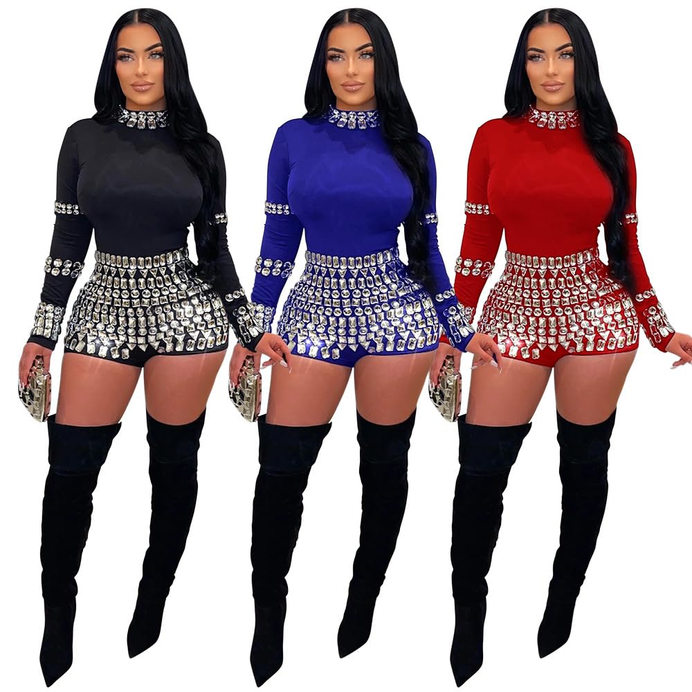 chicyes Women's Jumpsuits Sexy Long Sleeve Date Night Rompers Rhinestone Sparkly Party Club Spring Outfits Fall Concert