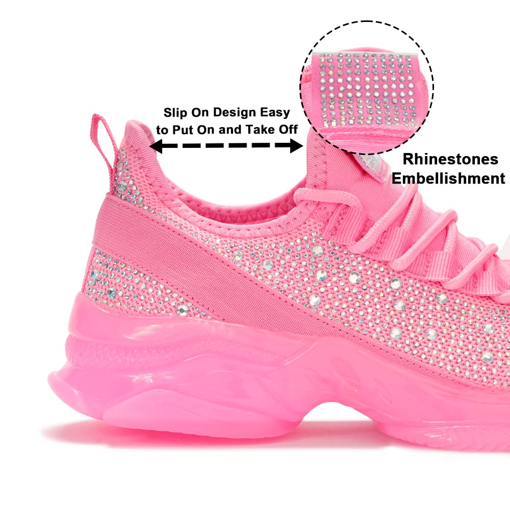BELOS Women Rhinestone Mesh Slip On Walking Shoes | Fashion Breathable Spakle Glitter Sneaker