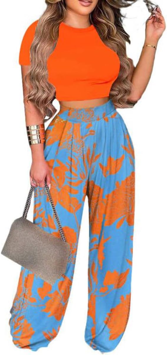 2 Piece Outfits for Women Short Sleeve Crop Top High Waist Wide Leg Long Pant Sets Tracksuit Sport Set