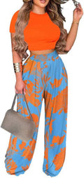 2 Piece Outfits for Women Short Sleeve Crop Top High Waist Wide Leg Long Pant Sets Tracksuit Sport Set