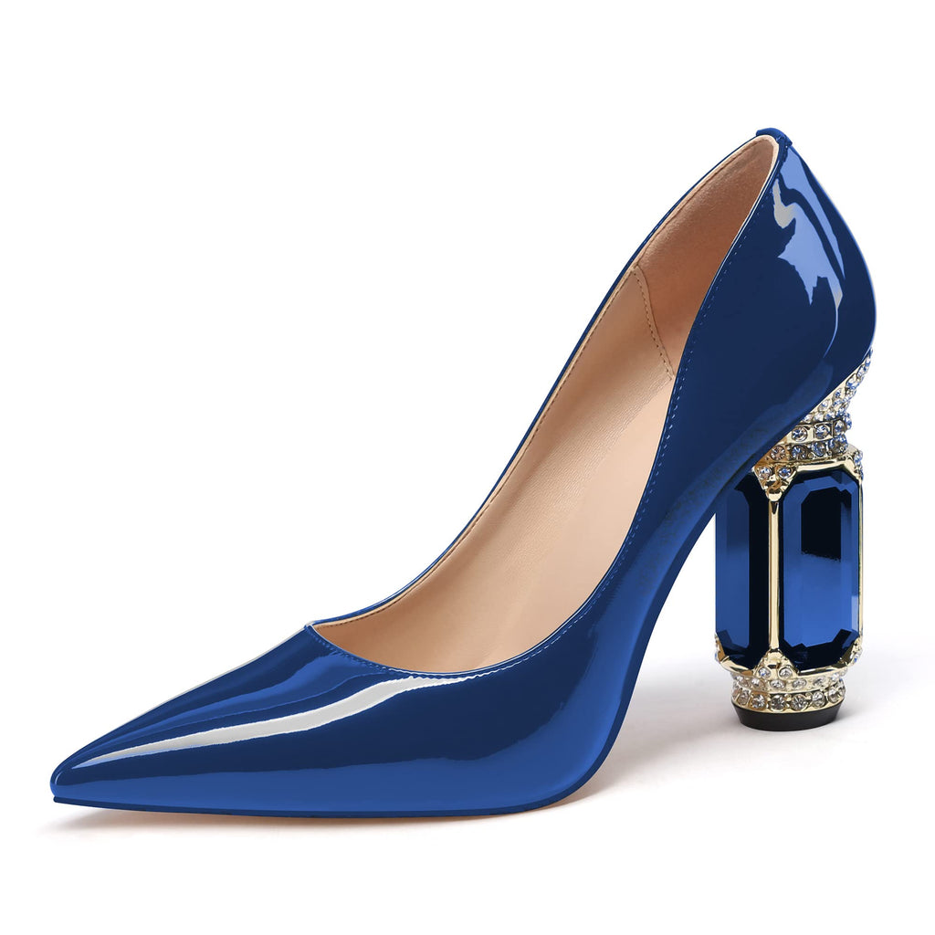 JANSEVEN Women Chunky Heels Pumps Crystal Block Heels with Rhinestones Pointed Toe Sexy Gradient Patent Leather Slip on Bridal Party Wedding Dress Shoes 5-13 M US