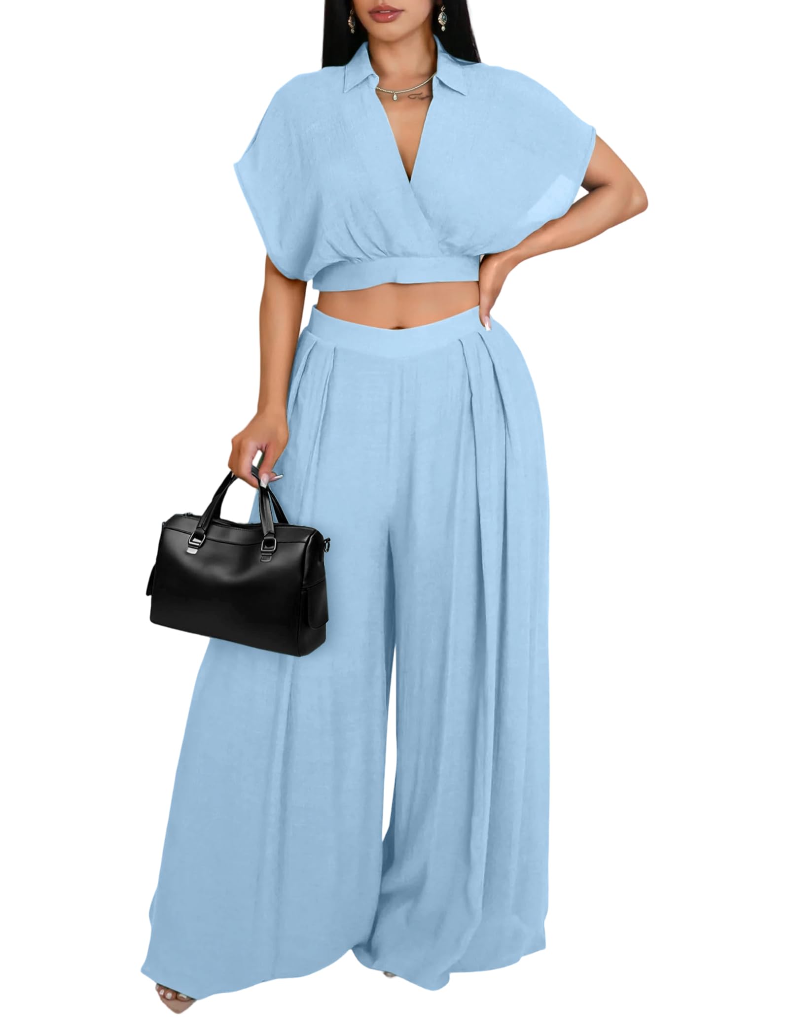 Ekaliy Women Two Piece Crop Top Flowy Wide Leg Pants Set Summer Outfits | Lightweight breathable fabric,batwing V-neck crop top,elastic waist wide leg lined pants with pockets for casual wear.