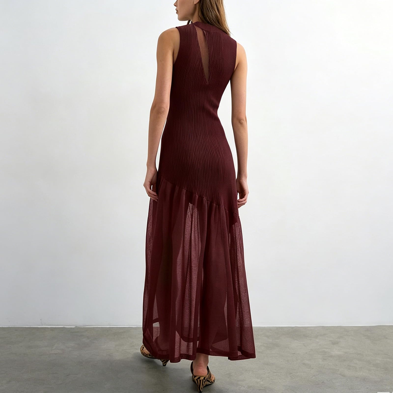 Women's Washed Faux Denim Patchwork Maxi Dress with Sheer Layered Skirt Hem Swing Ruffle Jean Dress for Casual Vacations