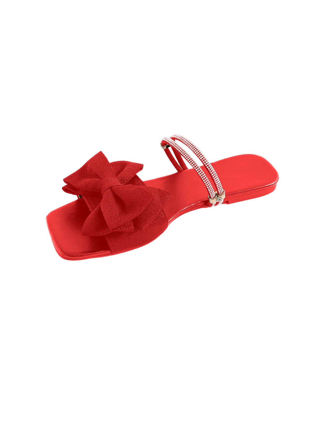 GORGLITTER Women's Bow Flat Sandals Dressy Rhinestone Comfortable Sandals | Cute Slip On Slides, Strappy Flats, Square Toe, Sparkly Dressy Party Wedding Sandals for Bride
