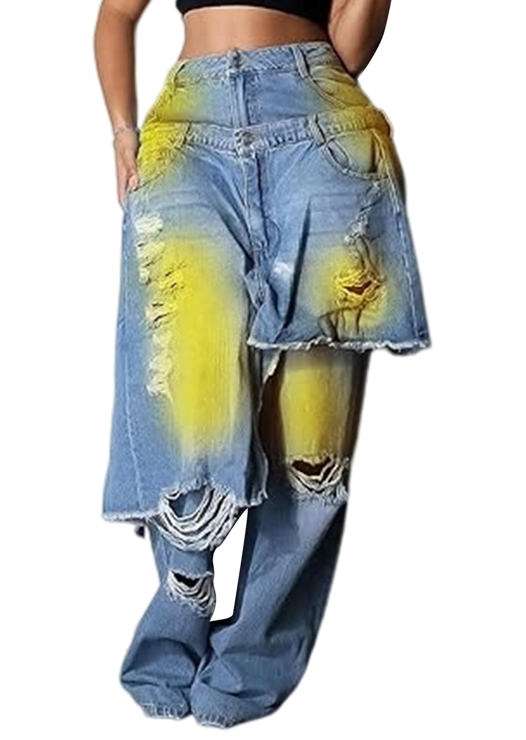 LKOUS Women's Ripped Baggy Jeans High Waist Wide Leg Patchwork Streetwear | Distressed, cutout, Y2K, hip hop, stretchy, soft, pocket, casual, concert, vintage. Machine wash