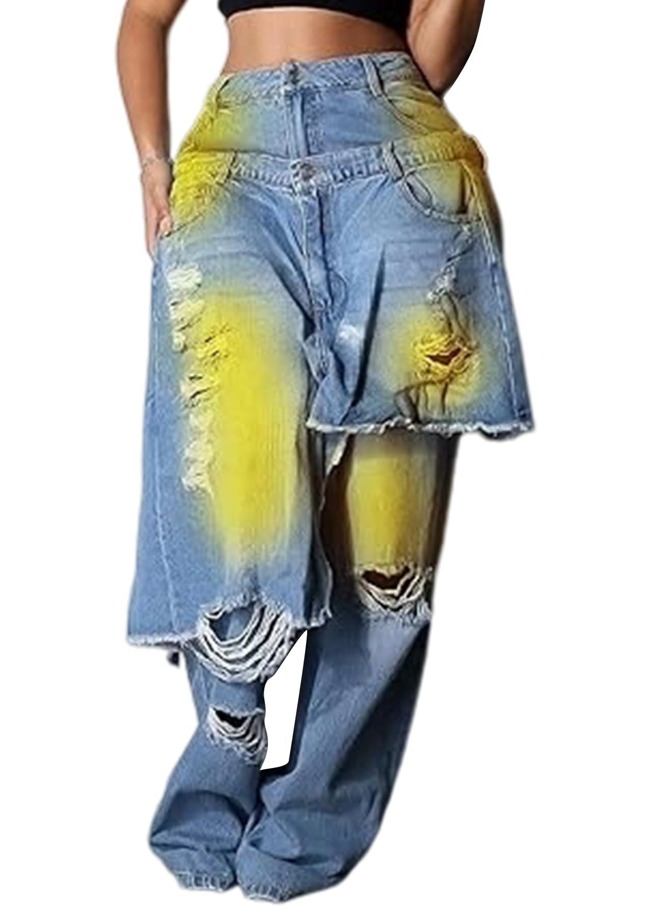 LKOUS Women's Ripped Baggy Jeans High Waist Wide Leg Patchwork Streetwear | Distressed, cutout, Y2K, hip hop, stretchy, soft, pocket, casual, concert, vintage. Machine wash
