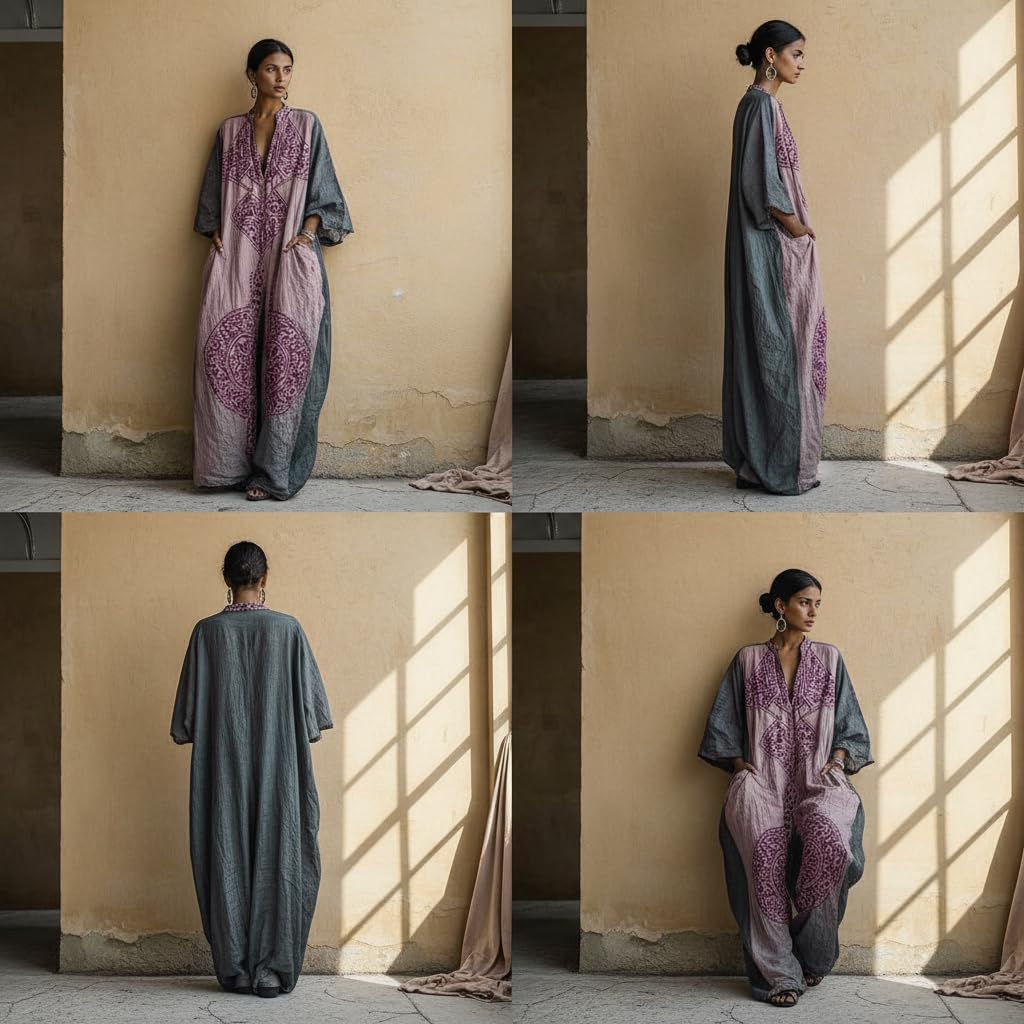 Women Plus Size Boho Wide Leg Jumpsuit Vintage Ethnic Print 3/4 Sleeve V Neck Vacation Casual Jumpsuit With Pockets
