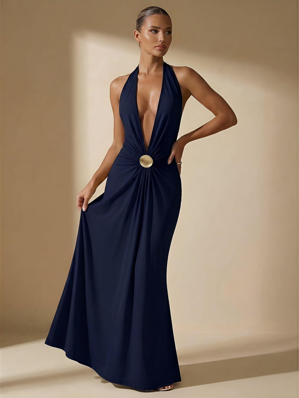 OYOANGLE Women's Halter Maxi Dress Deep V Neck Sexy Wedding Guest Dresses | Cocktail Dress, Formal Dresses, Beach Dress, Vacation Dress, Date Night Long Dress, Backless