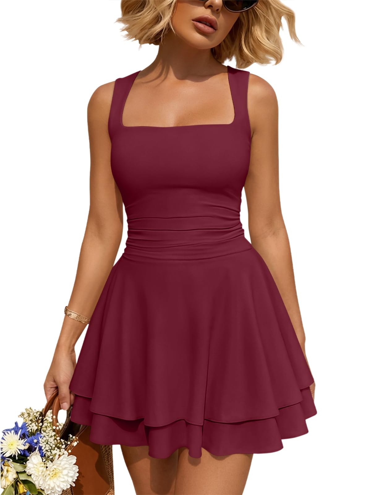 Trendy Queen Women Mini Summer Party Homecoming Beach Vacation Sun Dresses | Birthday Square Neck Flowy Short Sundress, 2026 Cruise Outfits, Athletic Cute Clothes, Date Night Club Resort Wear