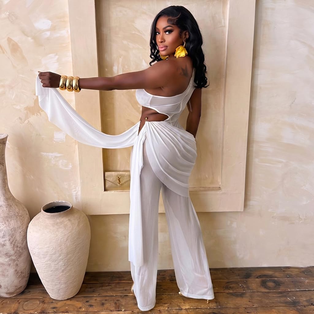 Sexy Jumpsuits for Women Cutout Sheer Mesh One Shoulder Draped Ruched Wrap One Piece Club Outfits for Women