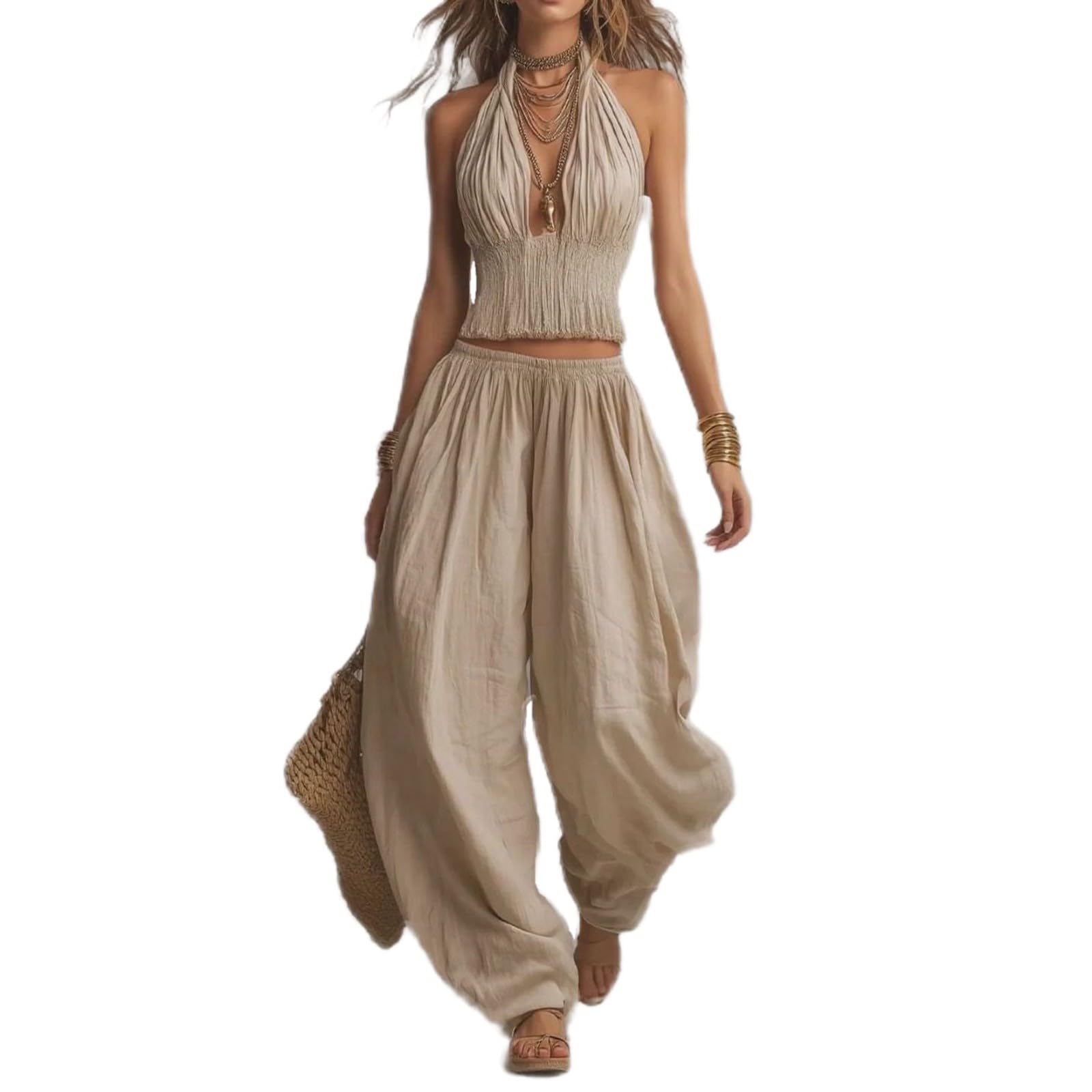2 Piece Outfit for Women Sleeveless Crop Top and Wide Leg Pants Set Summer Loose Smocked Casual Beach Matching Sets
