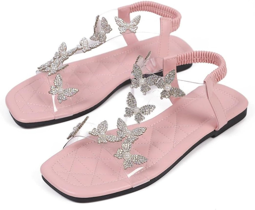 Women's Butterfly Rhinestone Flat Sandals Glitter Sparkly Bling Strappy Open Toe Elegant Transparent Elastic Strap Gladiator Sandals for Dressy Summer Wedding Bridal Prom Travel Daily Wear