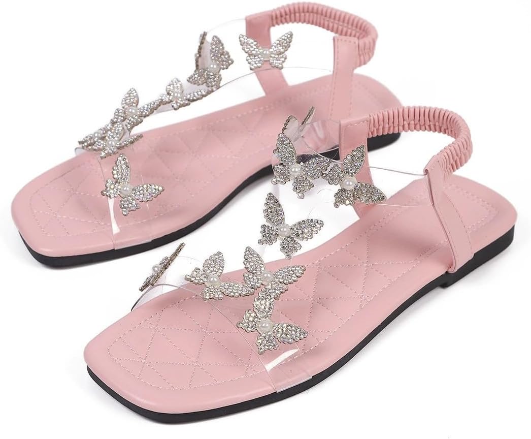 Women's Butterfly Rhinestone Flat Sandals Glitter Sparkly Bling Strappy Open Toe Elegant Transparent Elastic Strap Gladiator Sandals for Dressy Summer Wedding Bridal Prom Travel Daily Wear