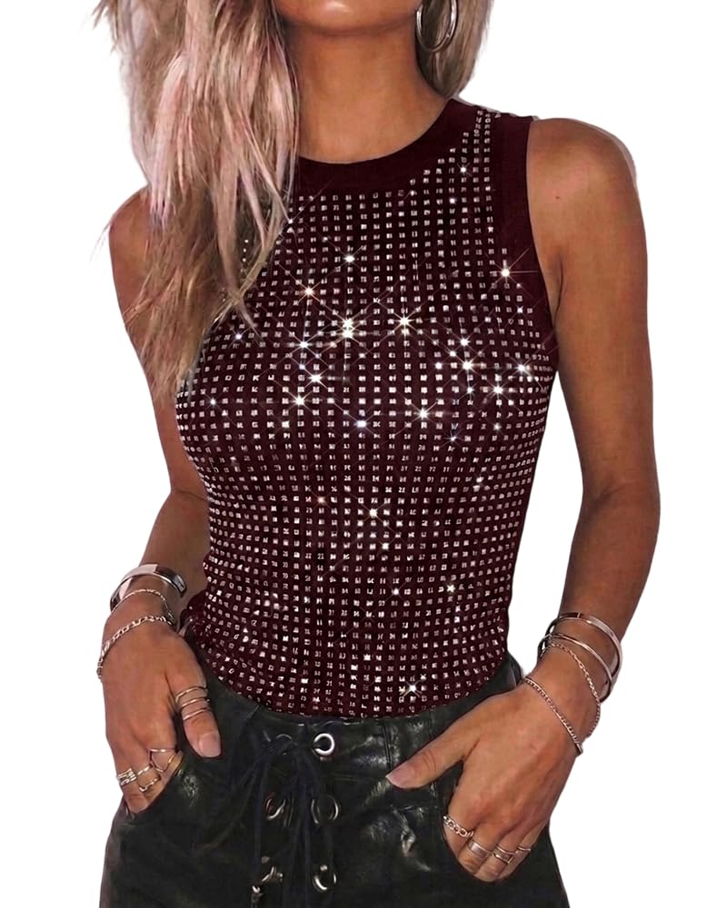 CHICME Women's Sleeveless Rhinestone Tank Tops Summer Sparkly Ribbed Tops | Basic Tank Tops for Women, Sleeveless Sparkly Tops, Ribbed Knit Fabric, Slim Fit Party Concert Y2K Outfit