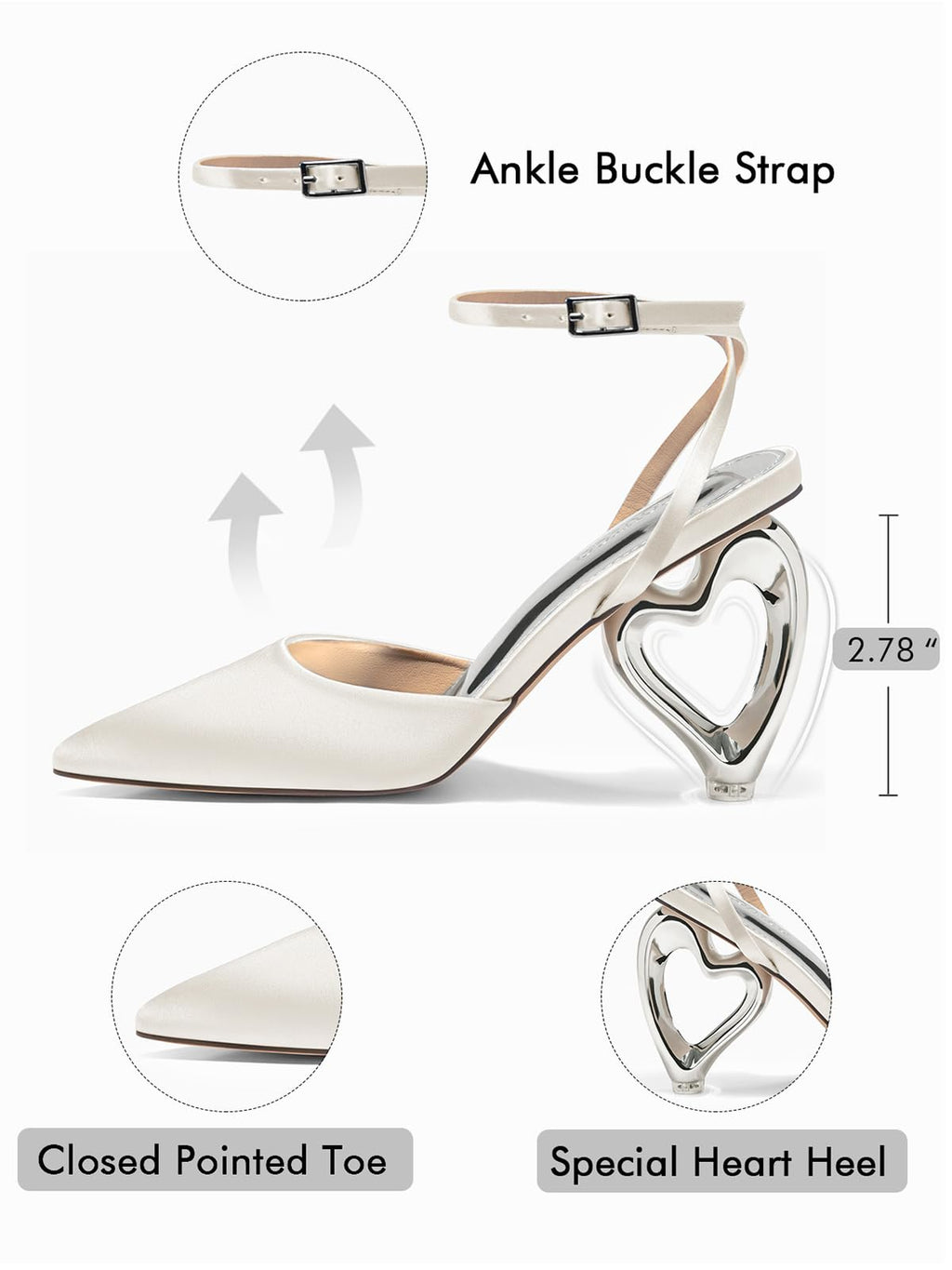 Coutgo Womens Kitten Heels Closed Pointed Toe Heart Heel Ankle Strap Satin Pumps Wedding Prom Dress Valentine Shoes