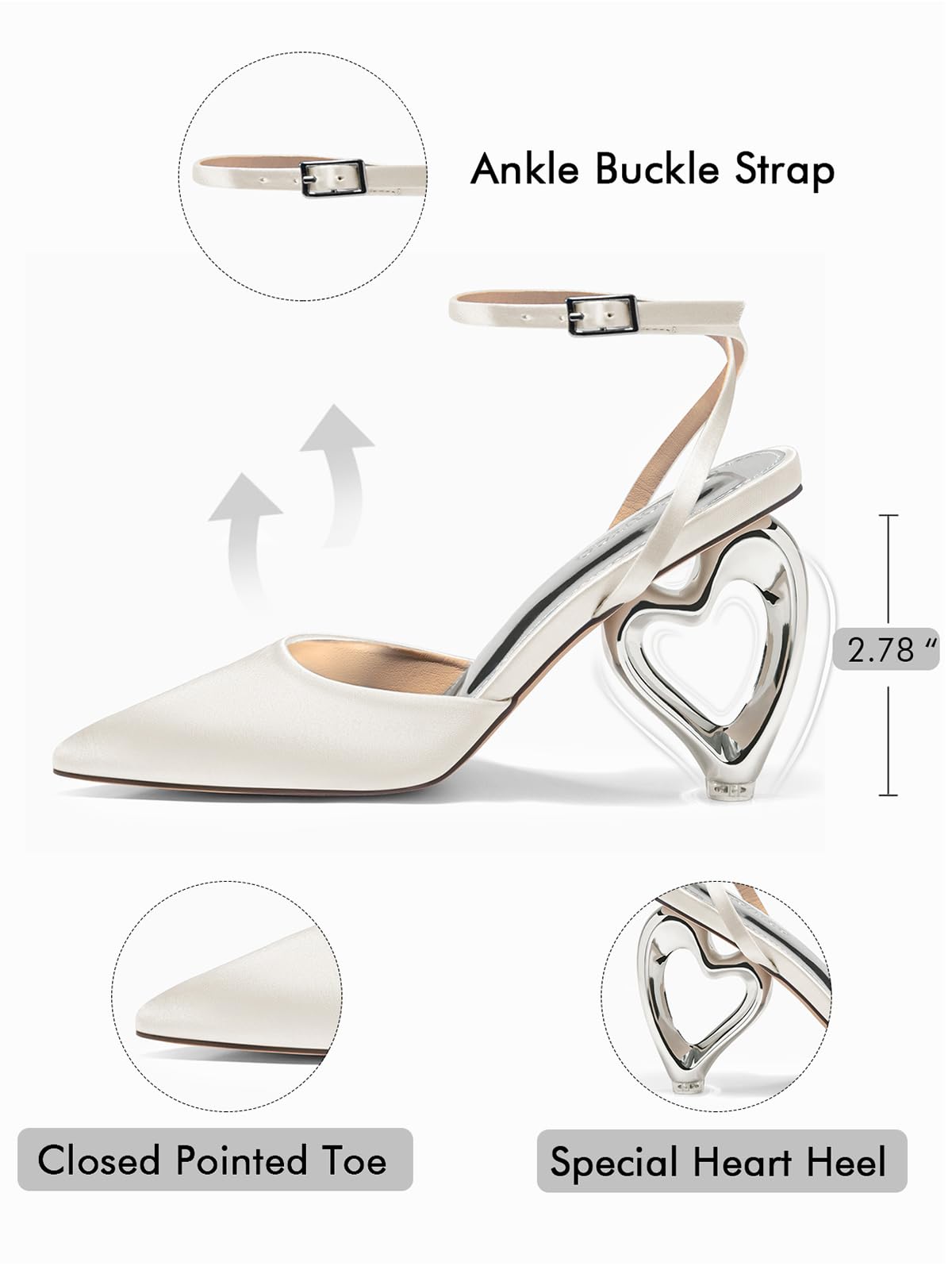 Coutgo Womens Kitten Heels Closed Pointed Toe Heart Heel Ankle Strap Satin Pumps Wedding Prom Dress Valentine Shoes