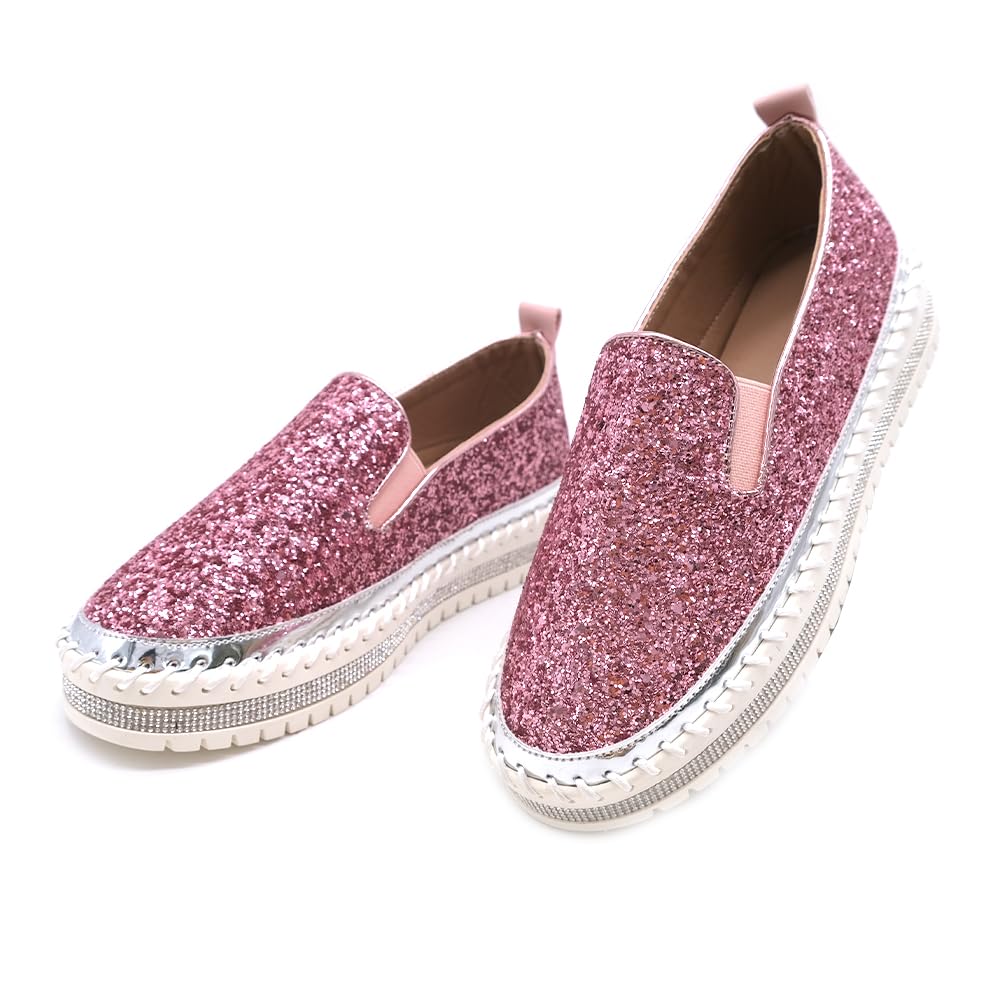 Women's Platform Rhinestones Glitter Fashion Sneakers Comfortable Slip On Flat Loafers Walking Wedding Dress Shoes Casual Shoes
