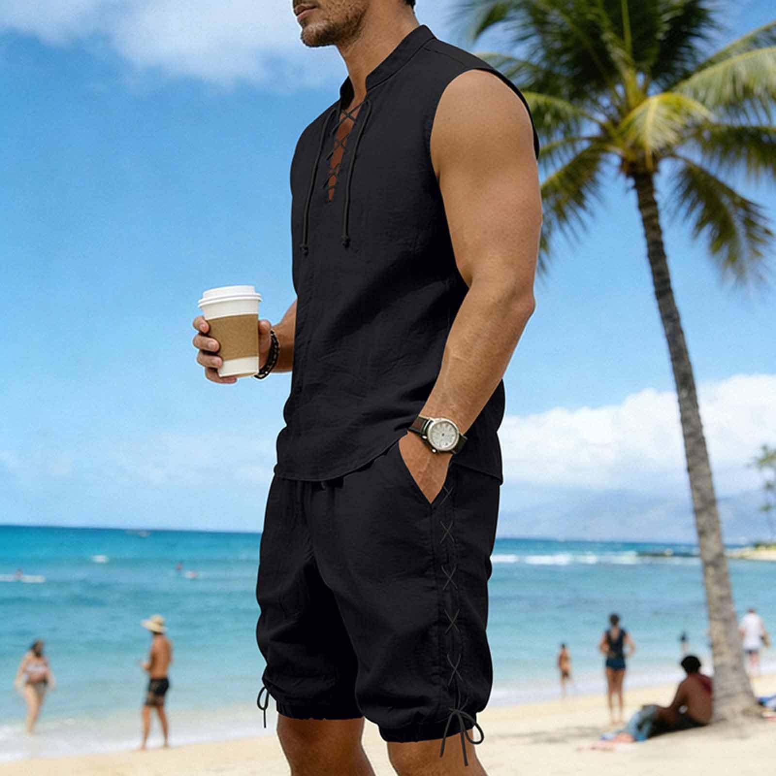 Cambkatl 2 Piece Outfits for Men Lightweight Linen Shorts Set Laceup V Neck Sleeveless Tank Top Matching Sets with Pockets