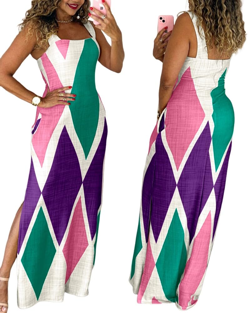 CHICME Maxi Dresses for Women Strap Square Boho Dress | Thick Strap Sundresses for Women, Split Summer Dress with Pockets, Travel, Vacation, Beach Dress Cruise 2026