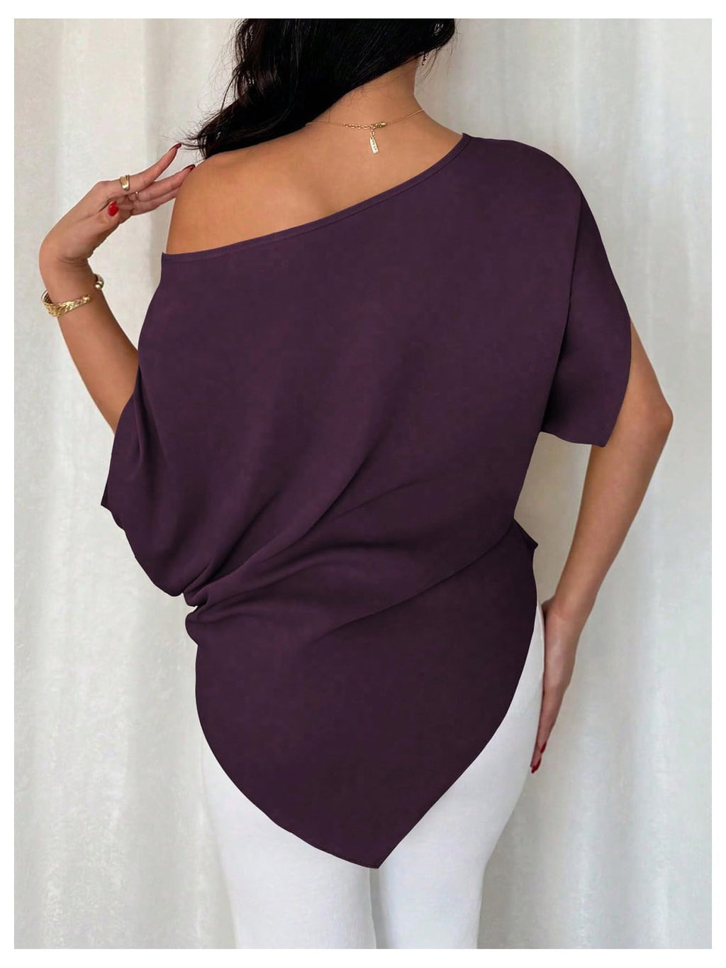 SHENHE Women's Off Shoulder Dolman Sleeve Blouses Asymmetrical Flowy Tops | Casual, Loose, Blouses With Waist Pleats, Asymmetrical, Elegant