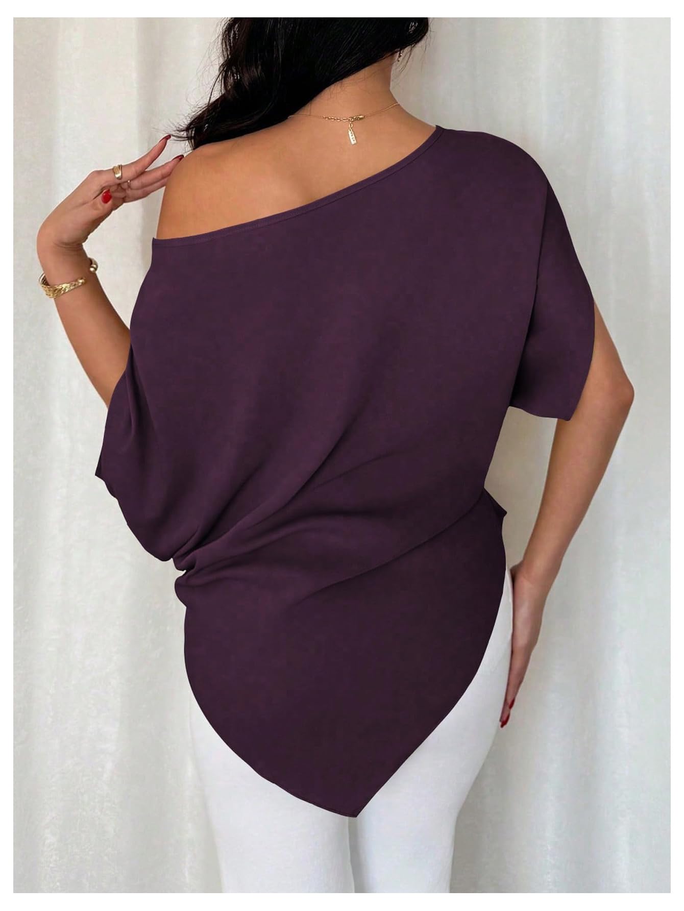 SHENHE Women's Off Shoulder Dolman Sleeve Blouses Asymmetrical Flowy Tops | Casual, Loose, Blouses With Waist Pleats, Asymmetrical, Elegant
