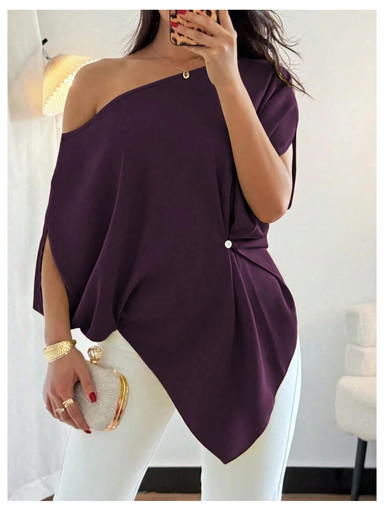 SHENHE Women's Off Shoulder Dolman Sleeve Blouses Asymmetrical Flowy Tops | Casual, Loose, Blouses With Waist Pleats, Asymmetrical, Elegant