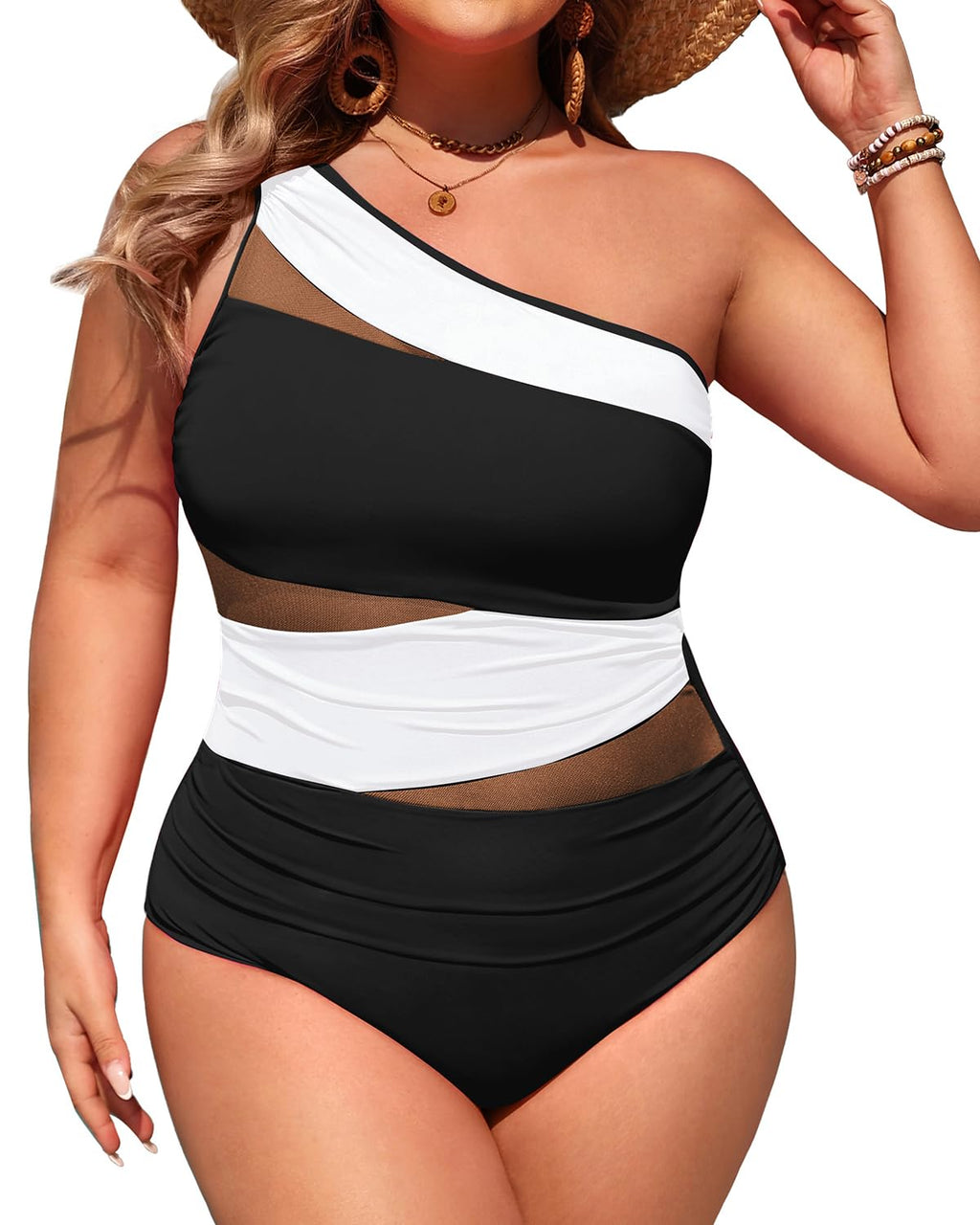 Plus Size One Piece Swimsuit for Women - One Shoulder Bathing Suit | Removable and Adjustable Strap, Detachable pads, Flatter midsection via front mesh, Drape diagonal folds to hide bulk