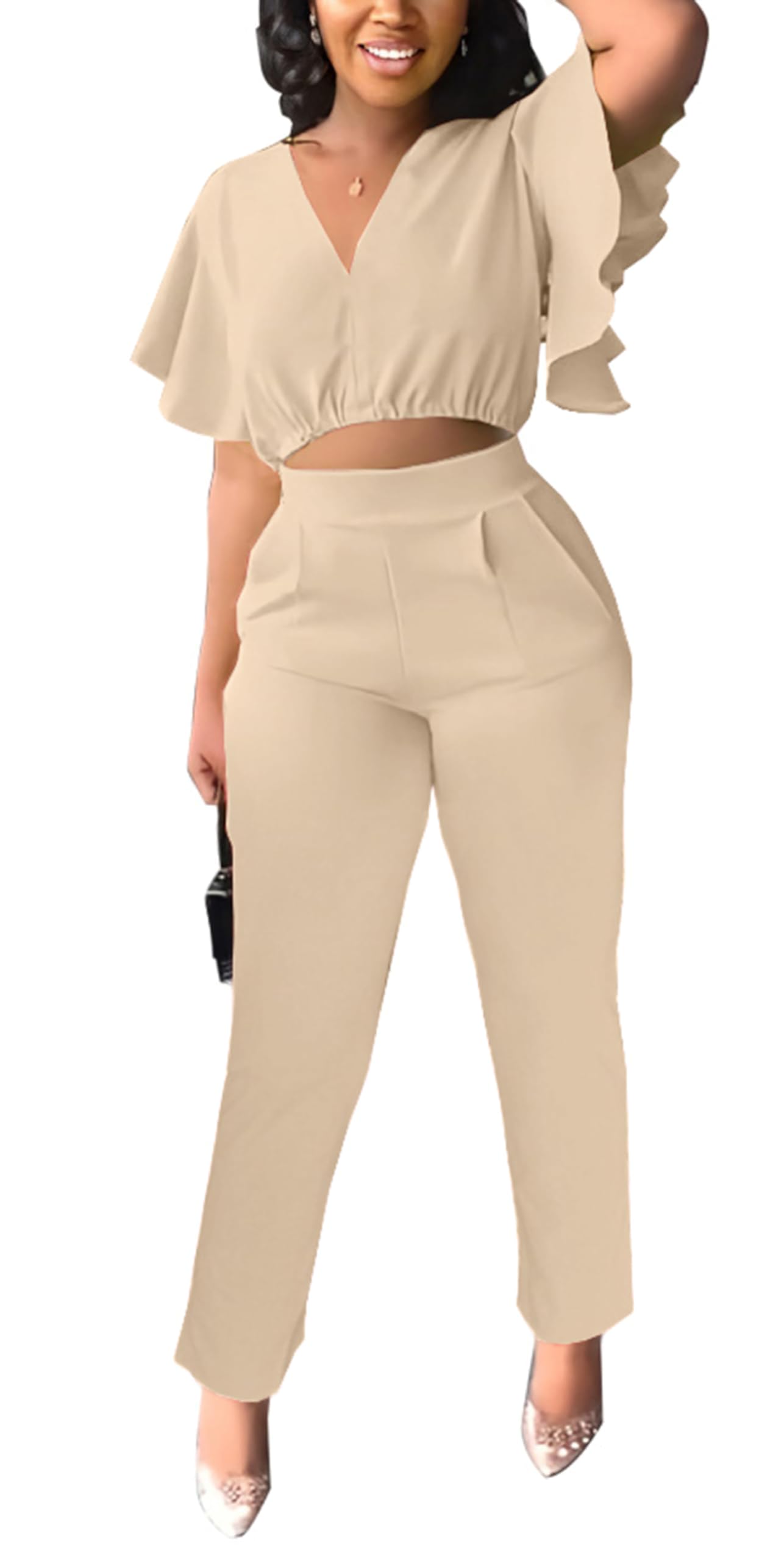Womens Summer Two Piece Shorts Outfit Sexy Crop Top Butterfly Sleeve 2 pc Short Set Vacation Brunch Matching Set