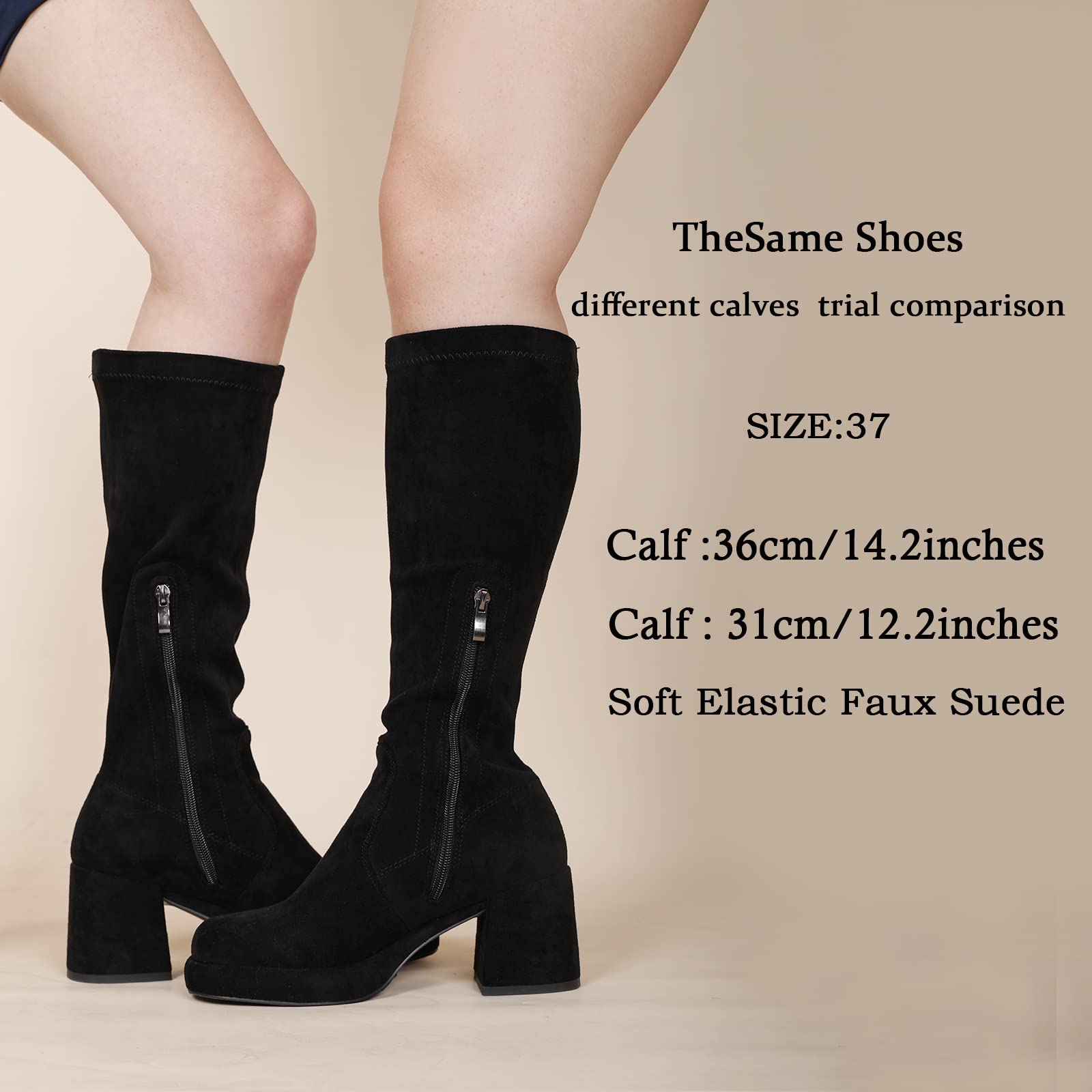 LanreyTaley Elastic Women Knee High Boots Platform Chunky Heel Tall Boots Suede Dress Boots Side Zipper Stretch Boots Fall