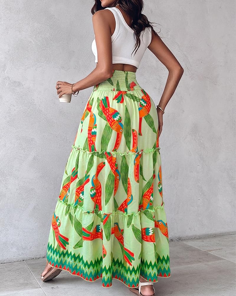 CHICME Women's Boho Floral Summer Maxi Skirt with Pockets Vacation Outfit | Shirred High Waist, Ruffle Hem, Lightweight Comfortable Fabric, A-Line Long Flowy Skirt for Beach, Travel & Daily Wear