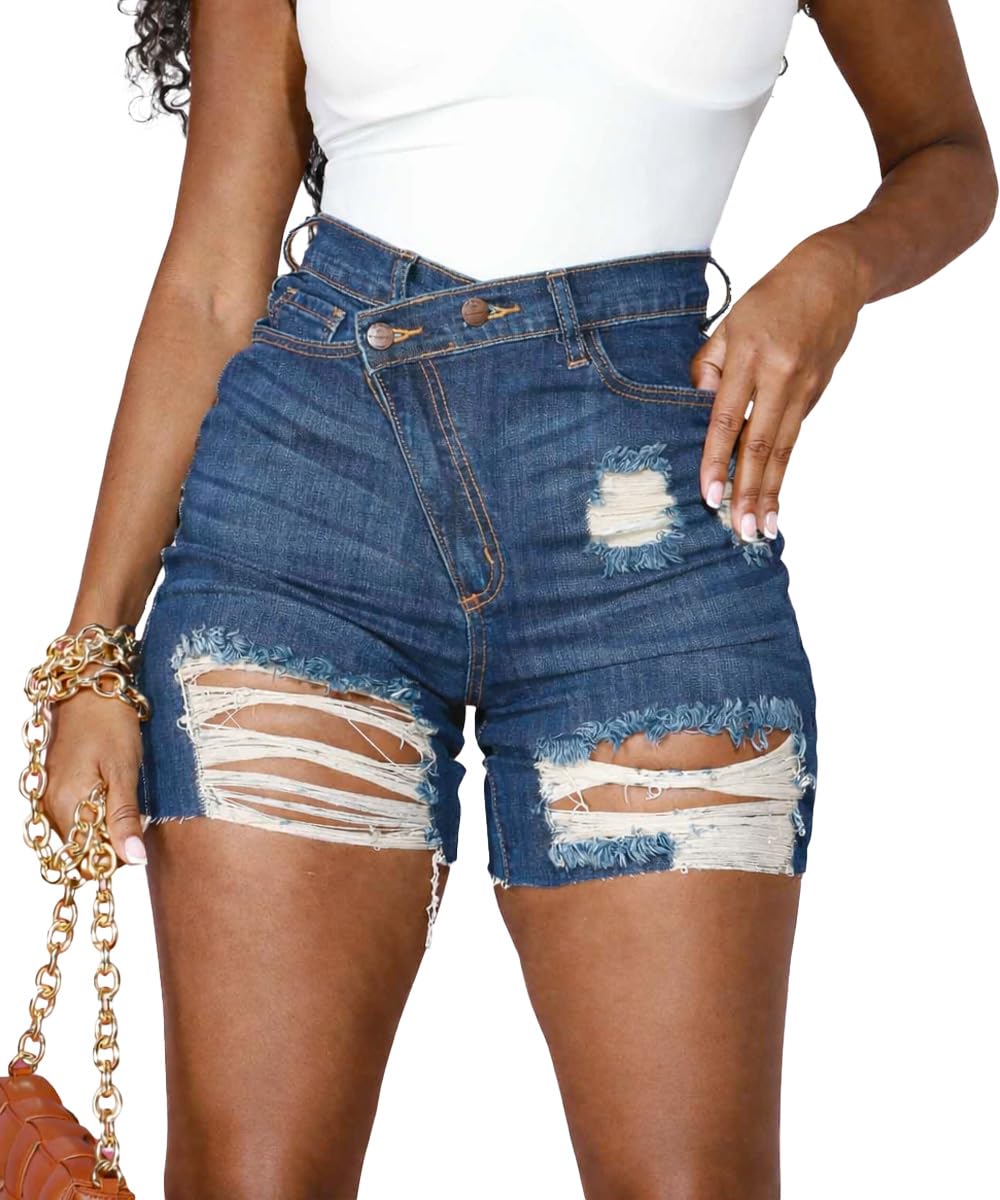 Women's Denim Shorts High Waisted Frayed Raw Hem Ripped Short Jeans | Fringe,Summer,Stretchy,with Pockets