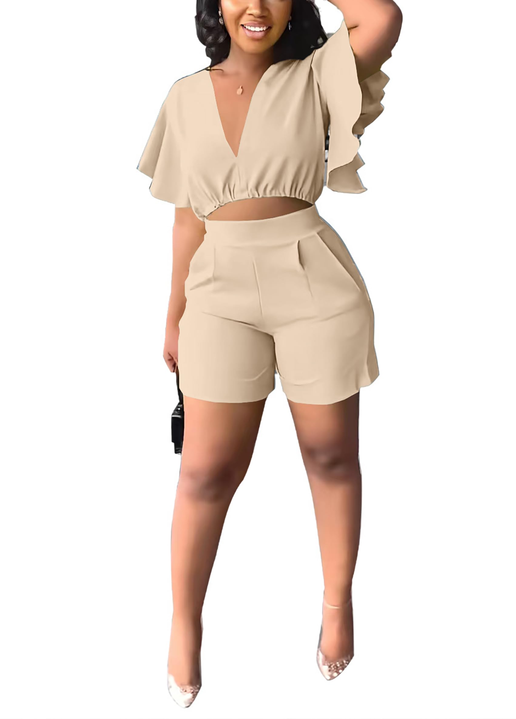Womens Summer Two Piece Shorts Outfit Sexy Crop Top Butterfly Sleeve 2 pc Short Set Vacation Brunch Matching Set