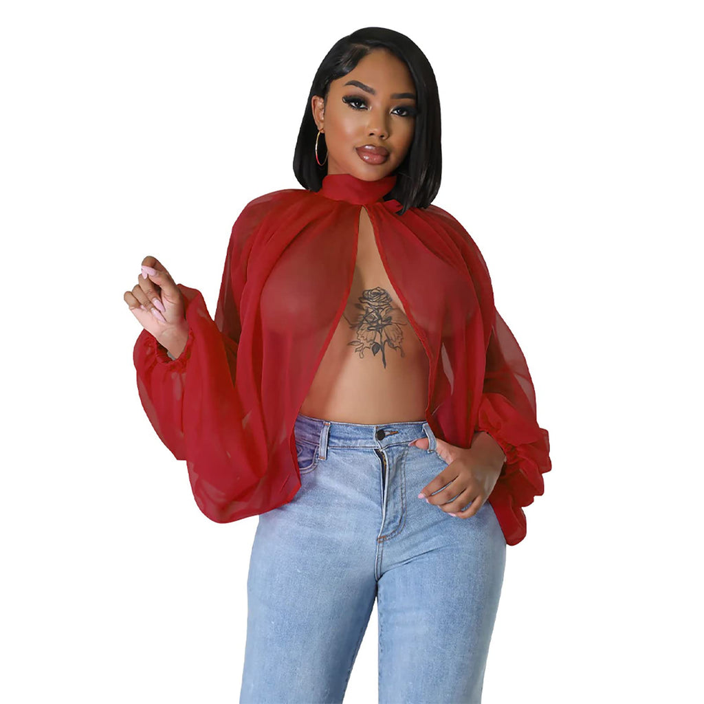acelyn Women's Sexy See Through Chiffon Sheer Blouses Tops | Lantern Sleeve, Front Back Open, High Neck, Self Tie, Shawl Casual Shirts,Blouses Tops