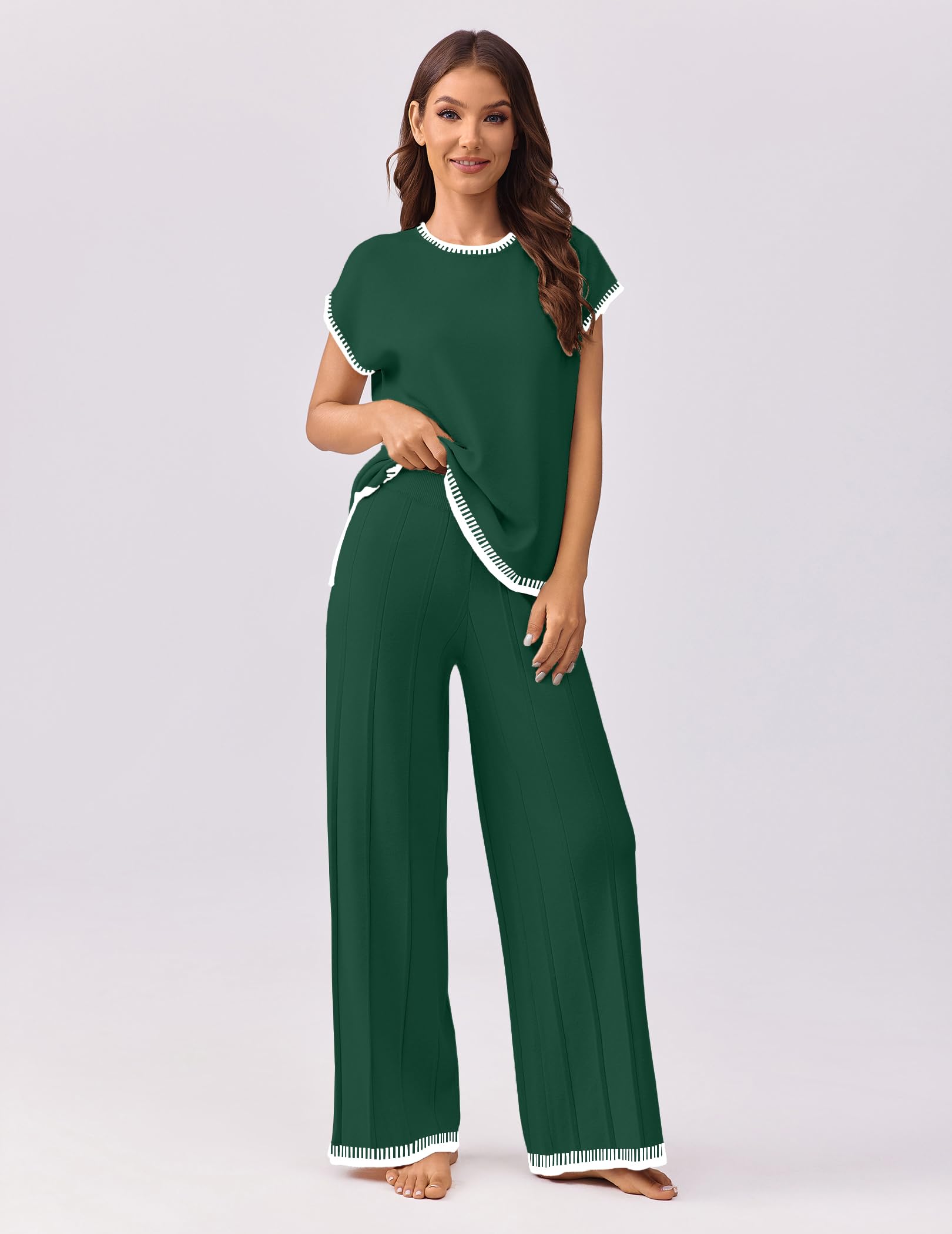 Ekouaer Womens Matching Sets Knit Sweater Sets 2 Pieces Lounge Set | Pullover Tops Wide Legs Pants Casual Outfits
