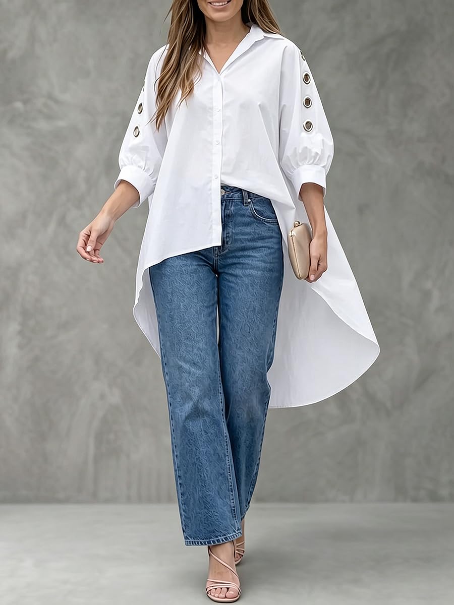 UOOZEE Womens Button Down Shirt Oversized 3/4 Puff Sleeve High Low Blouse