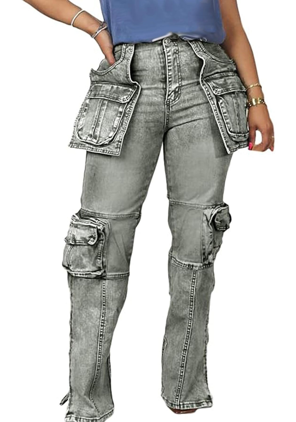 Women's Novelty Fashion Zip Side Slit High Waist Denim Jeans Pants with Multi Pockets
