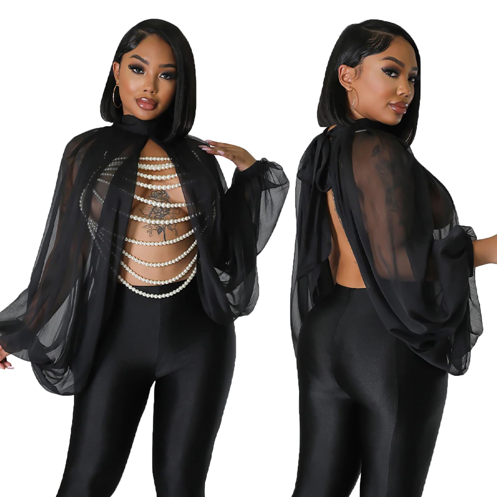 acelyn Women's Sexy See Through Chiffon Sheer Blouses Tops | Lantern Sleeve, Front Back Open, High Neck, Self Tie, Shawl Casual Shirts,Blouses Tops