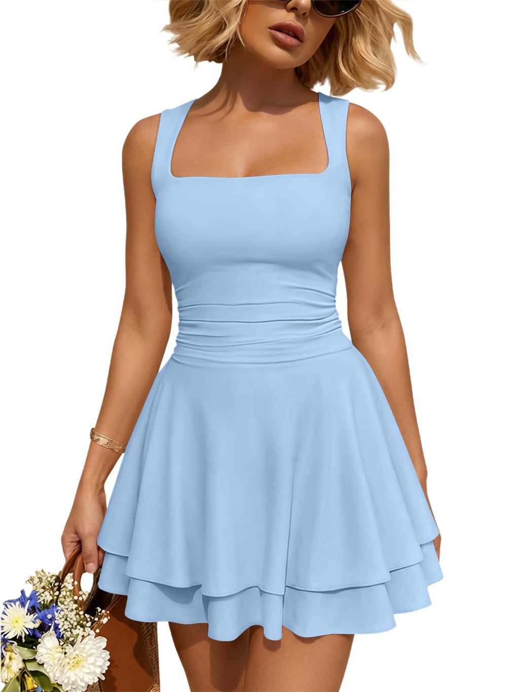 Trendy Queen Women Mini Summer Party Homecoming Beach Vacation Sun Dresses | Birthday Square Neck Flowy Short Sundress, 2026 Cruise Outfits, Athletic Cute Clothes, Date Night Club Resort Wear
