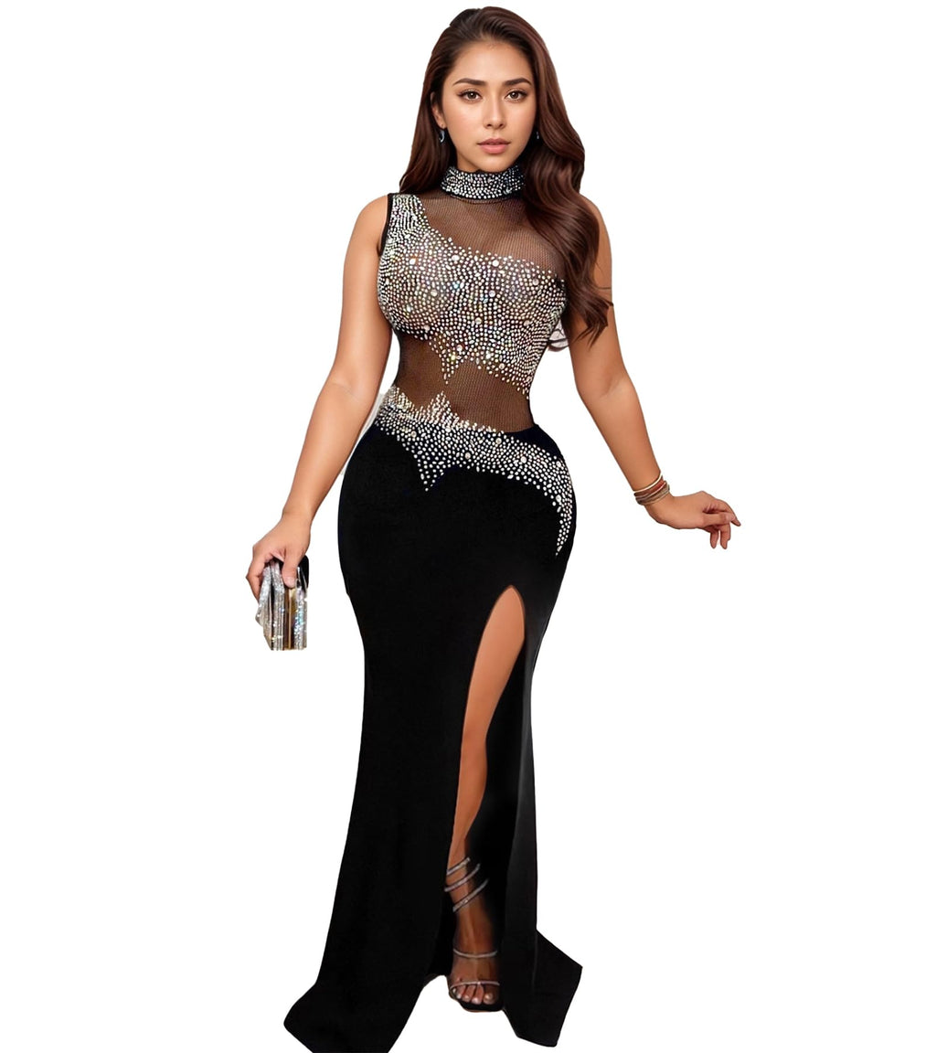 PORRCEY Women's Sexy Elegant Rhinestone Bodycon Dress Hot Drilling Clubwear