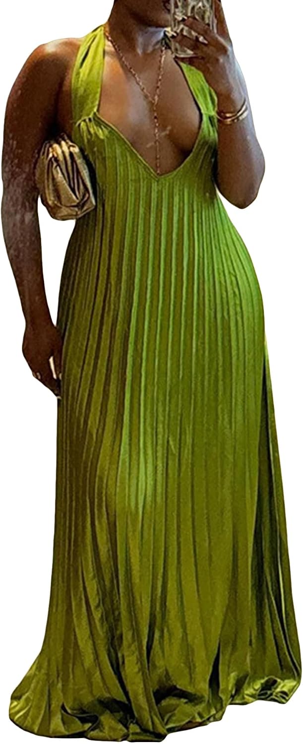 LAJIOJIO Women Pleated Maxi Dress Flowy Spaghetti Strap Halter Long Dresses | V Neck Sleeveless Dress,Summer Casual,Swing,Backless