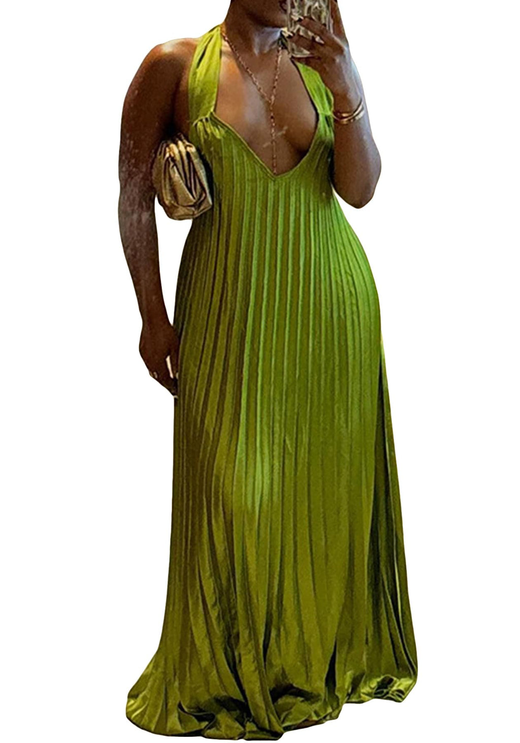 LAJIOJIO Women Pleated Maxi Dress Flowy Spaghetti Strap Halter Long Dresses | V Neck Sleeveless Dress,Summer Casual,Swing,Backless
