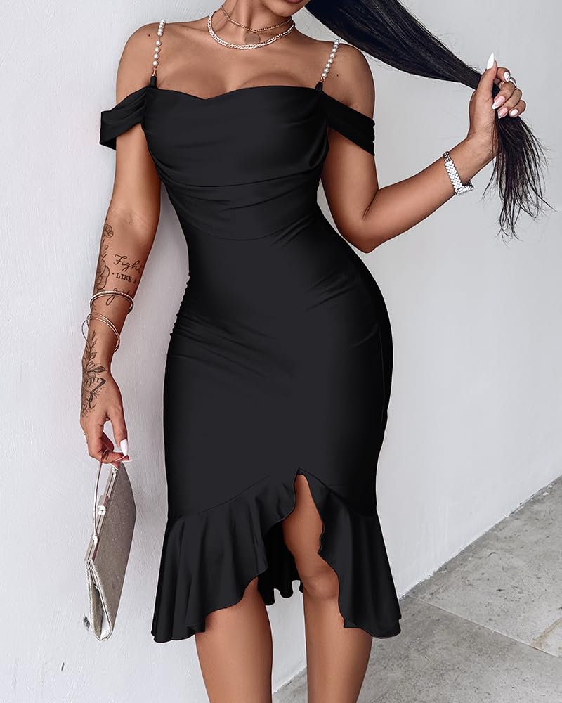 CHICME Womens Cocktail Dresses Pearls Strap Bodycon Midi Dress | Off Shoulder Design, Ruffle Hem Style, Soft Stretch Fabric, Birthday Party Wear, Wedding Guest Outfit, Date Night Look