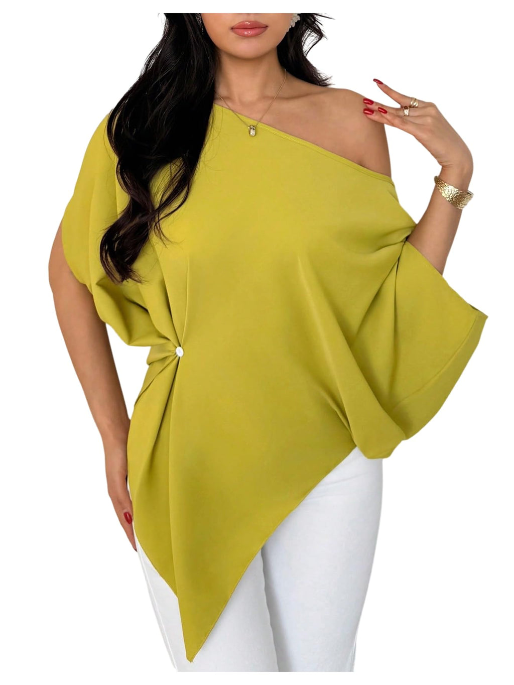 SHENHE Women's Off Shoulder Dolman Sleeve Blouses Asymmetrical Flowy Tops | Casual, Loose, Blouses With Waist Pleats, Asymmetrical, Elegant