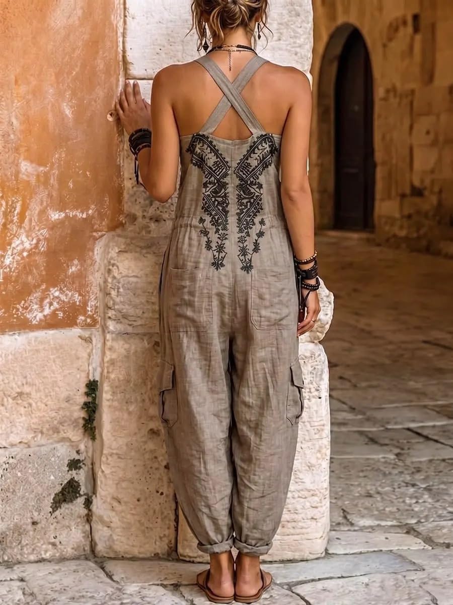 THLAI Women Boho Printed Spaghetti Strap Jumpsuit Loose Baggy Cargo Overalls Back Tie Casual Vacation Rompers