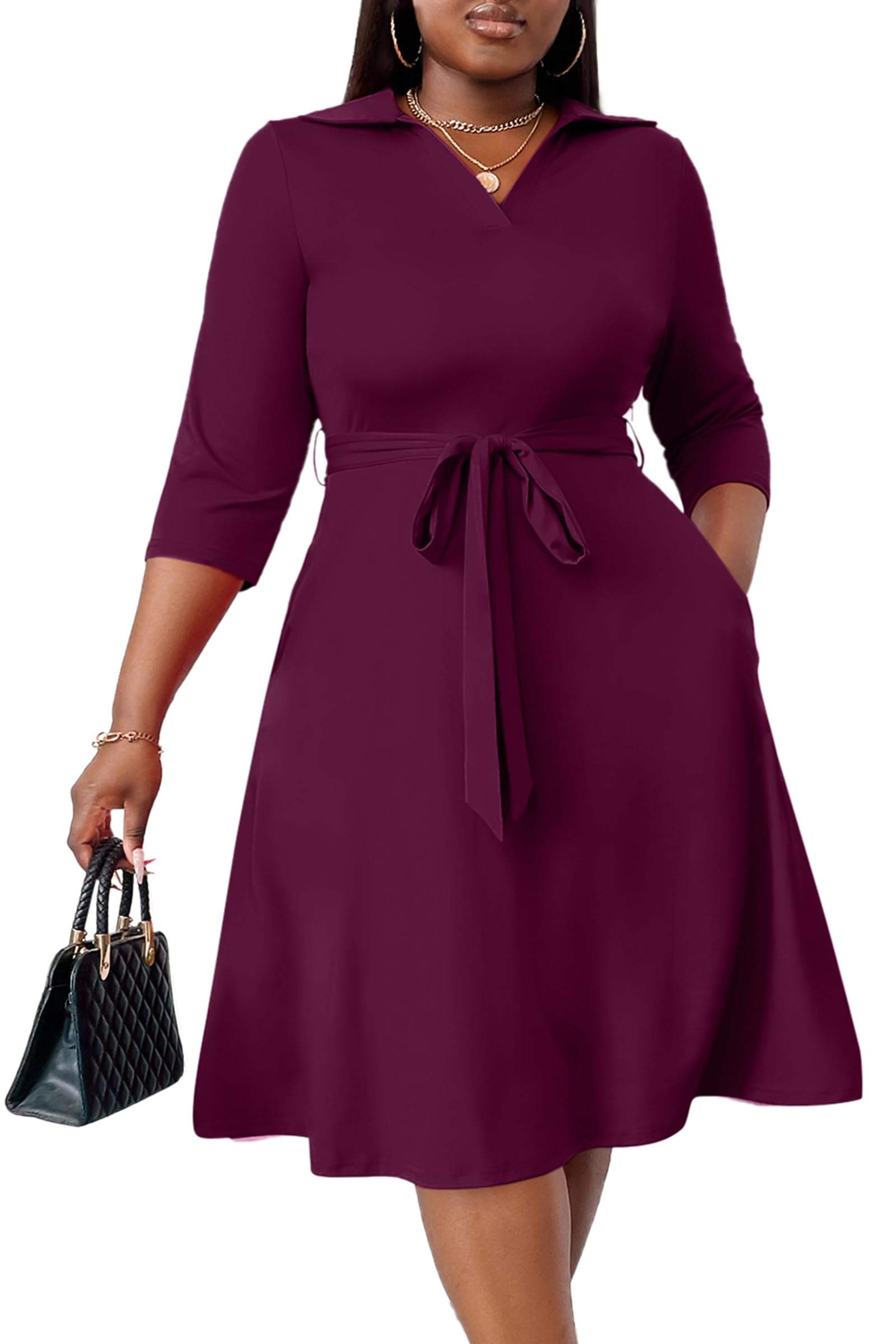 FANDEE Plus Size Midi Dress for Women Casual - Fit and Flare Summer Dresses | Semi Formal,African Print,Polo Collar Cocktail Dress,With Pockets And Belt
