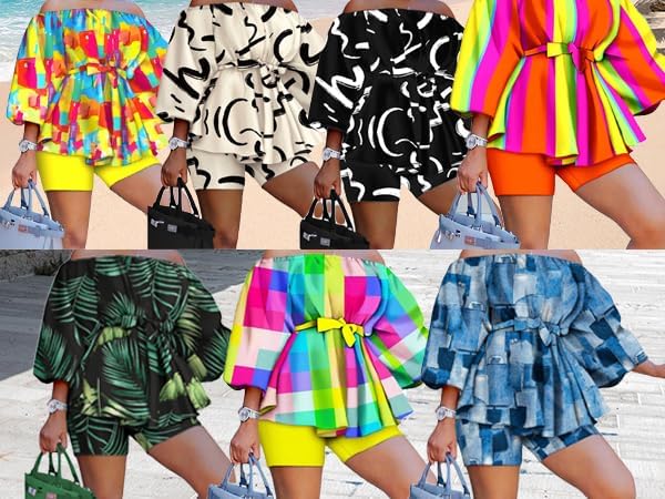 2 Piece Outfits for Women Sexy Off Shoulder Long Sleeve Plus Size Tops High Waisted Bodycon Shorts Set